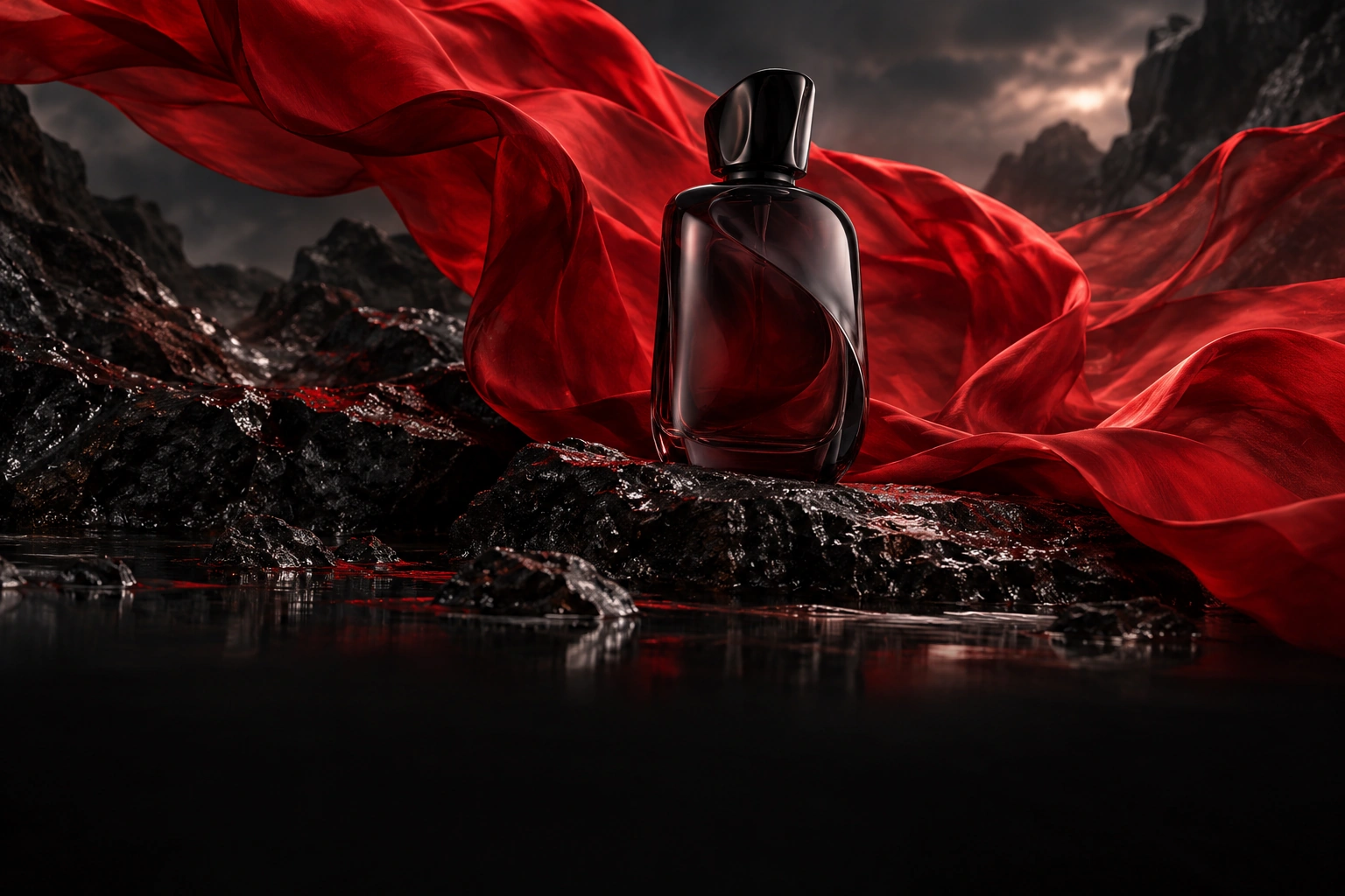 An unbranded black glass fragrance bottle surrounded by scarlet silk and volcanic stone.