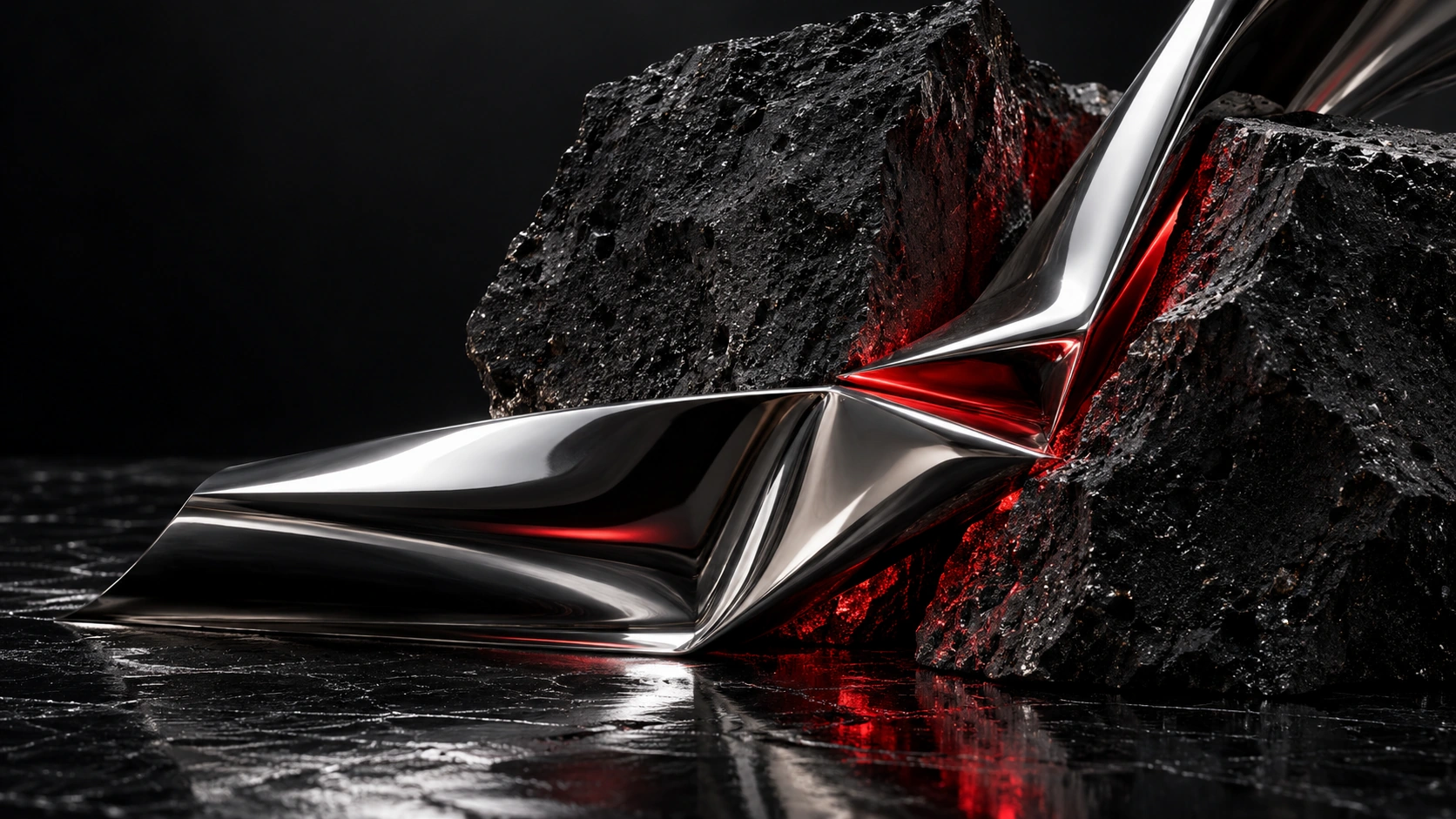 Folded liquid silver and scarlet reflection between tactile black stone slabs